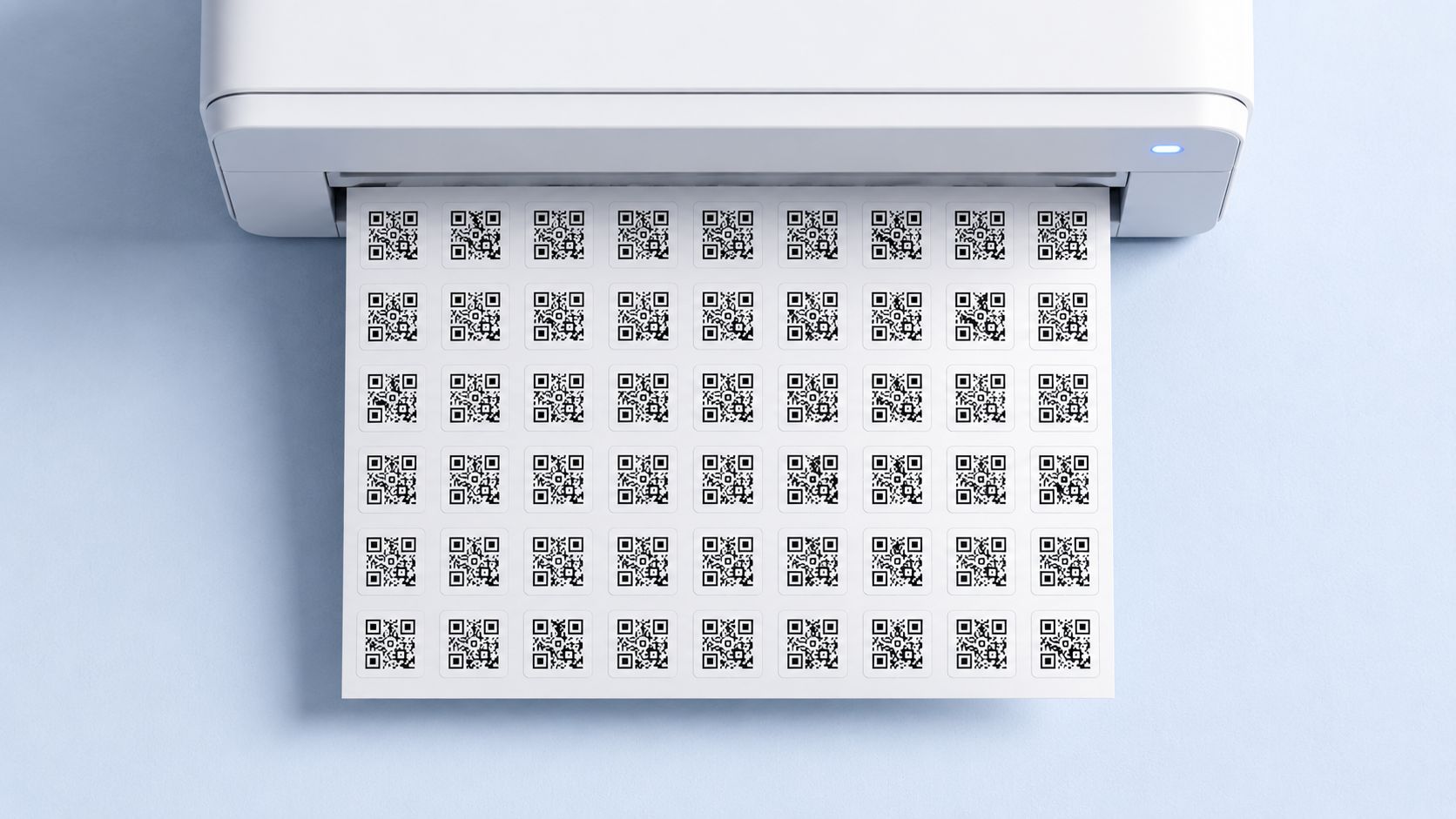 Drucker gibt einen Bogen mit vielen einzigartigen QR-Code-Etiketten aus – druckfertig durch CMYK-PDF.