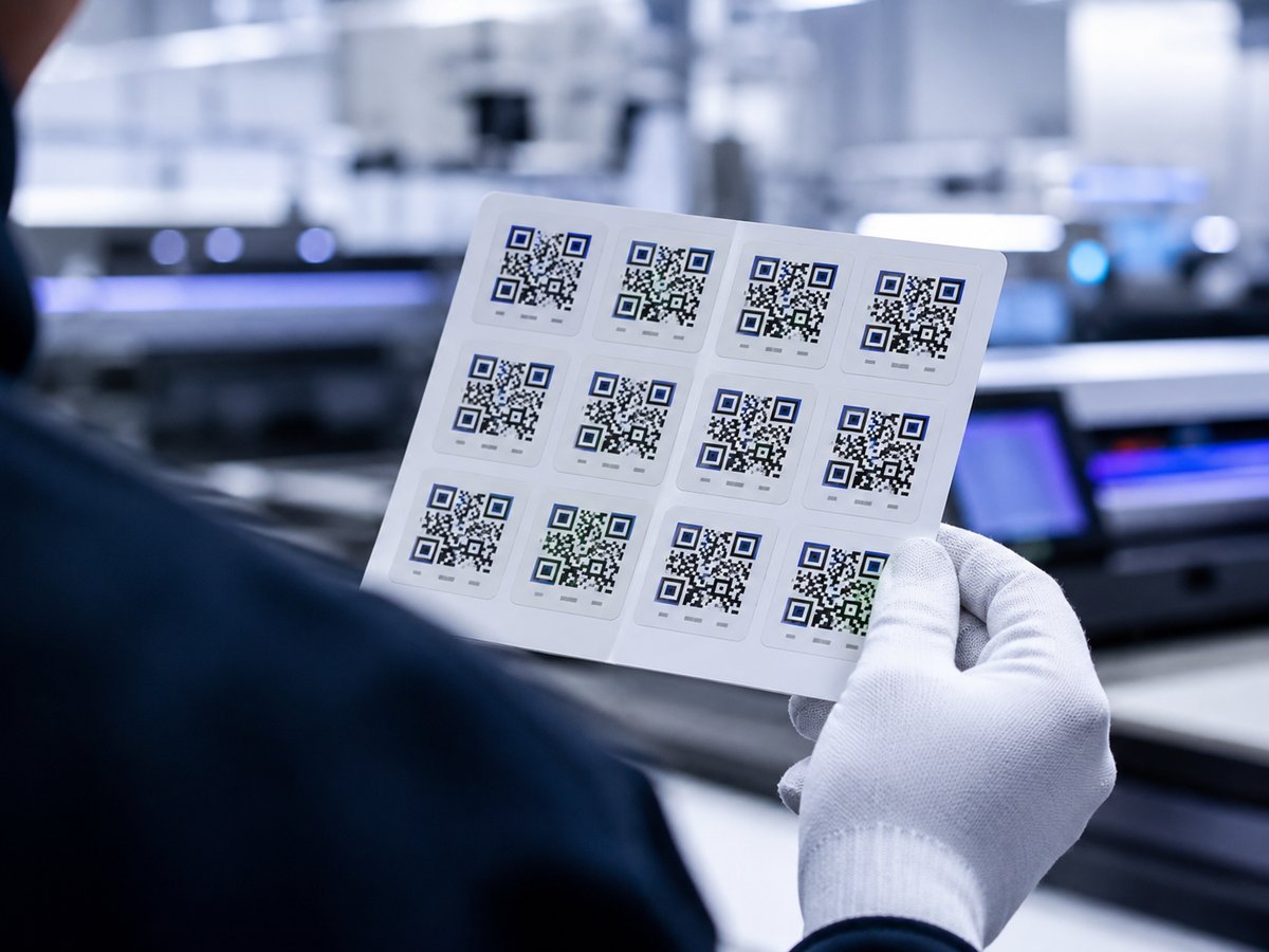 Druckerei-Mitarbeiter prüft einen Bogen mit fortlaufend nummerierten QR-Code-Aufklebern.