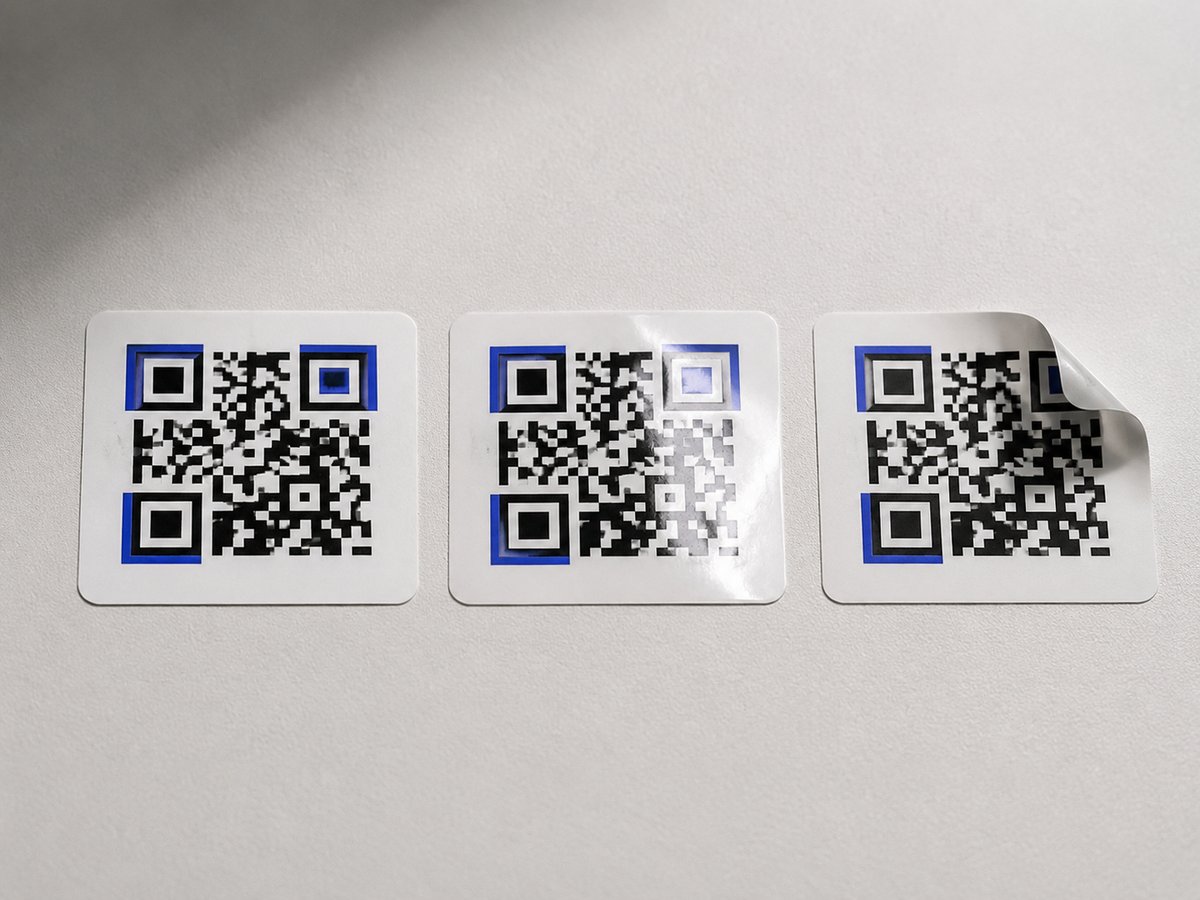 Drei QR-Code-Aufkleber im Material-Vergleich – matt, transparent und mit anhebbarer Ecke.