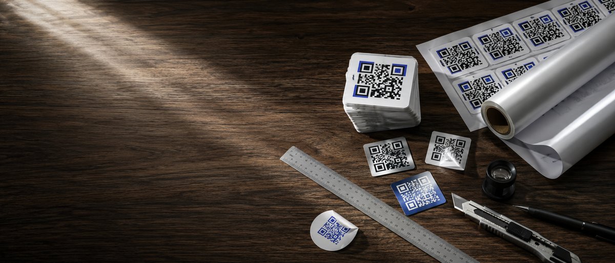 Werkbank mit unterschiedlich geformten QR-Code-Aufklebern, Folienrolle und Lineal – von der Idee zum fertigen Aufkleber.