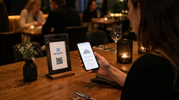 QR-Code auf der Restaurant-Speisekarte — Gast scannt mit dem Smartphone und bestellt direkt am Tisch