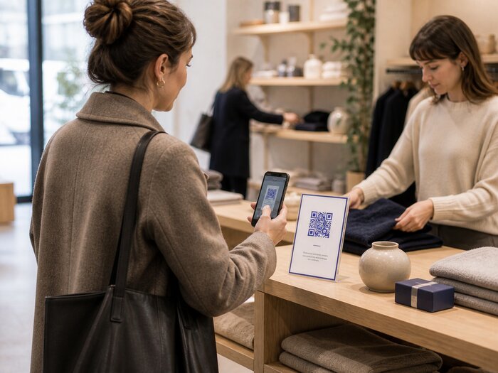 SMS-QR-Code im Einzelhandel: Kundin scannt am Verkaufstresen einen Text-QR-Code mit dem Smartphone