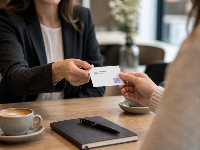 vCard-Visitenkarte mit QR-Code wird im Geschäftstermin übergeben — Kontaktdaten per Scan ins Adressbuch