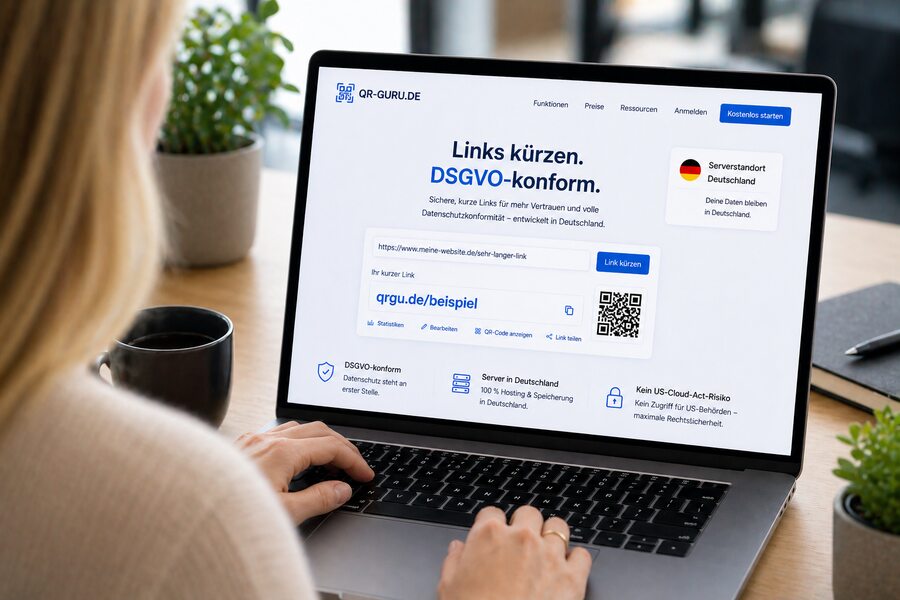 QR-Guru URL-Shortener im Einsatz — Kurzlinks erstellen und verwalten am Laptop