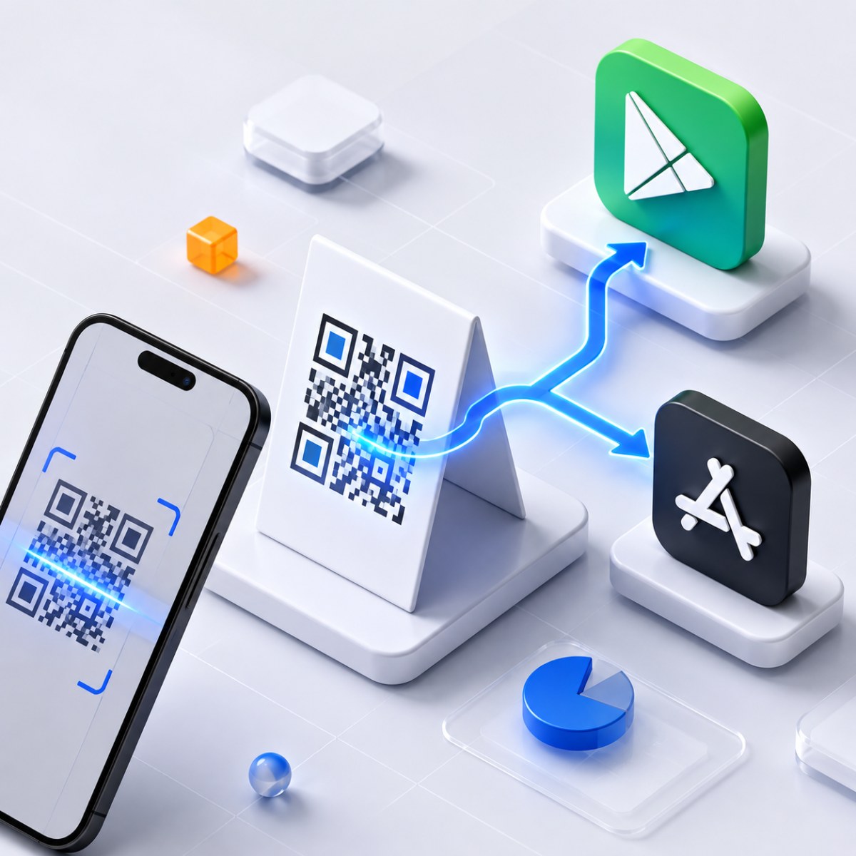 QR-Code mit Geräteweiche: Android zum Play Store, iPhone zum App Store