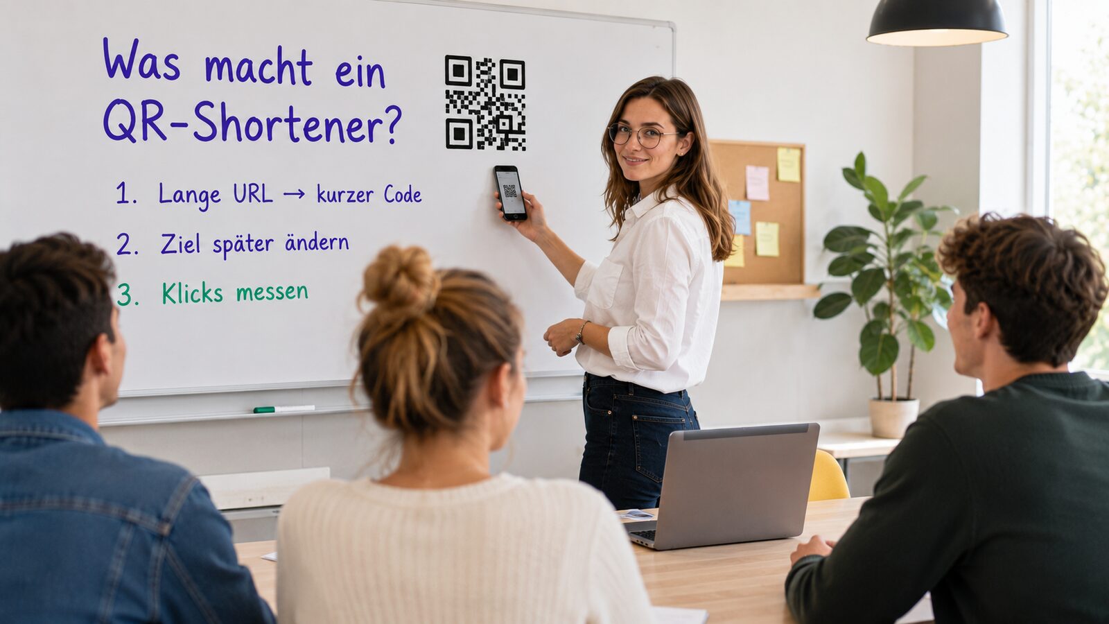 Dozentin präsentiert am Smart-Board in einer Hochschulvorlesung einen DSGVO-konformen QR-Code