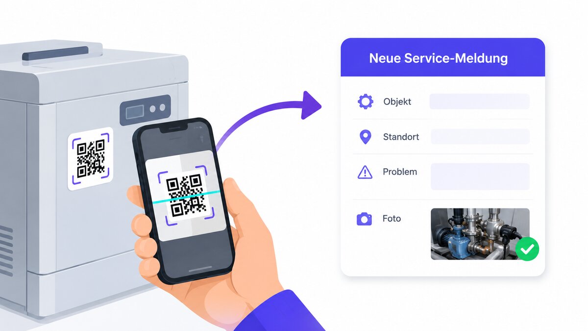 QR-Code am Gerät scannen und als strukturierte Service-Meldung mit Objekt, Standort, Problem und Foto erfassen