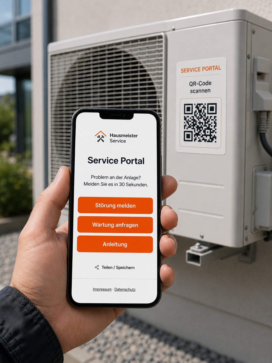 Smartphone zeigt das Service-Portal eines Handwerksbetriebs, im Hintergrund ein Klima-Außengerät mit QR-Code-Aufkleber