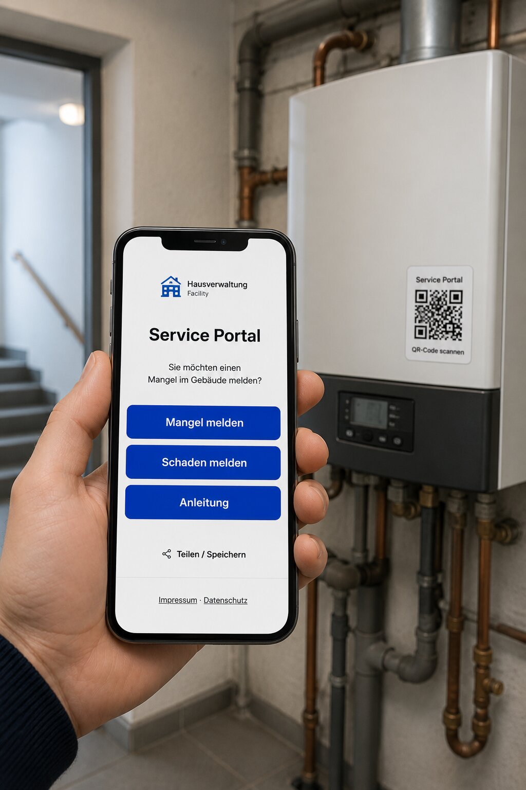 Smartphone zeigt das Service-Portal einer Hausverwaltung, im Hintergrund eine Heizungsanlage mit QR-Code-Aufkleber