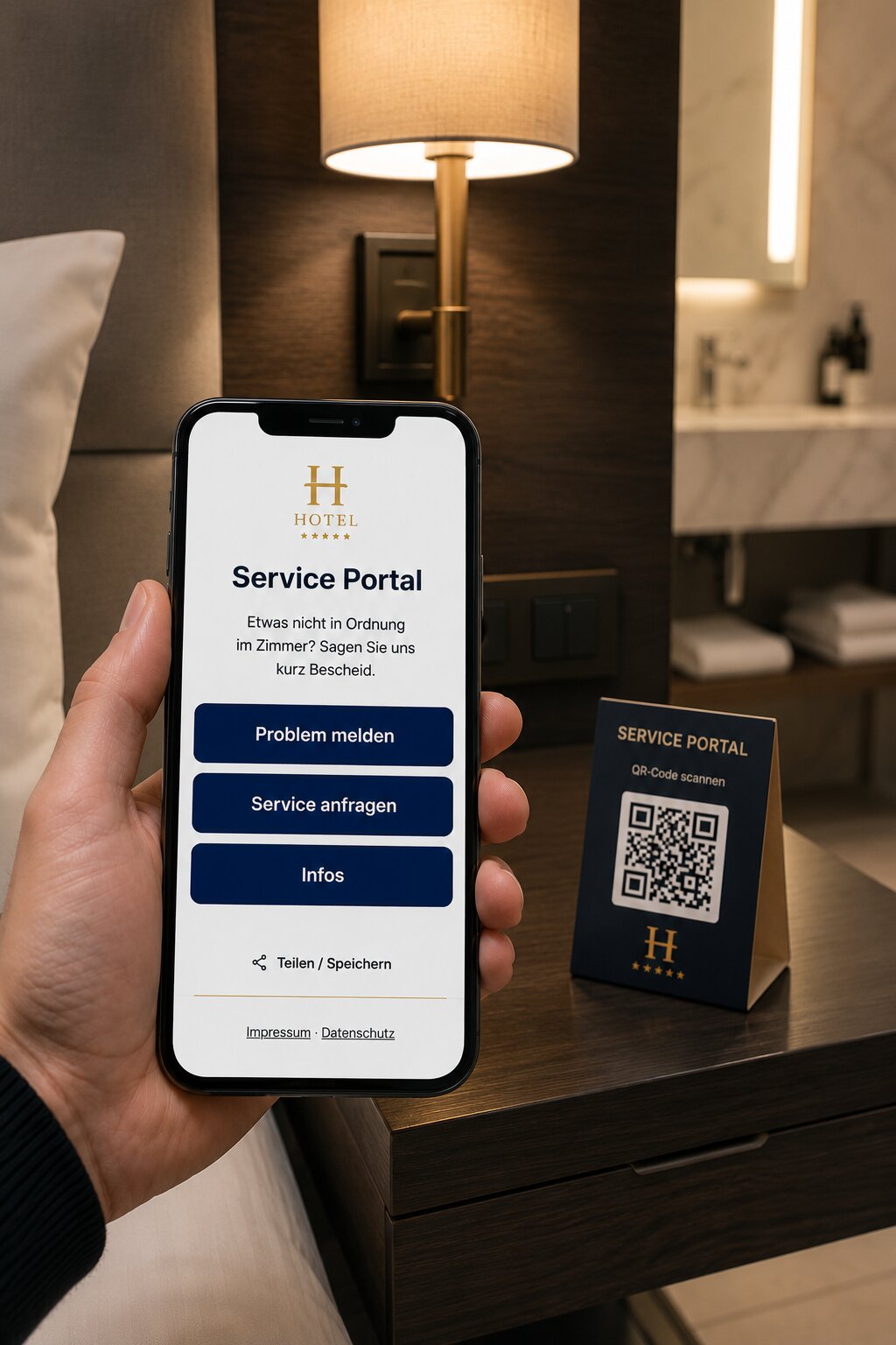 Smartphone zeigt das Service-Portal eines Hotels, im Hintergrund ein Hotelzimmer mit QR-Code-Aufsteller