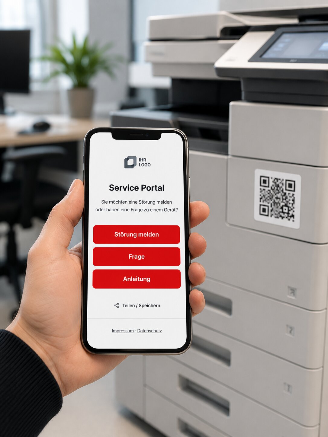 Smartphone zeigt das Service-Portal eines IT-Dienstleisters, im Hintergrund ein Drucker mit QR-Code-Aufkleber