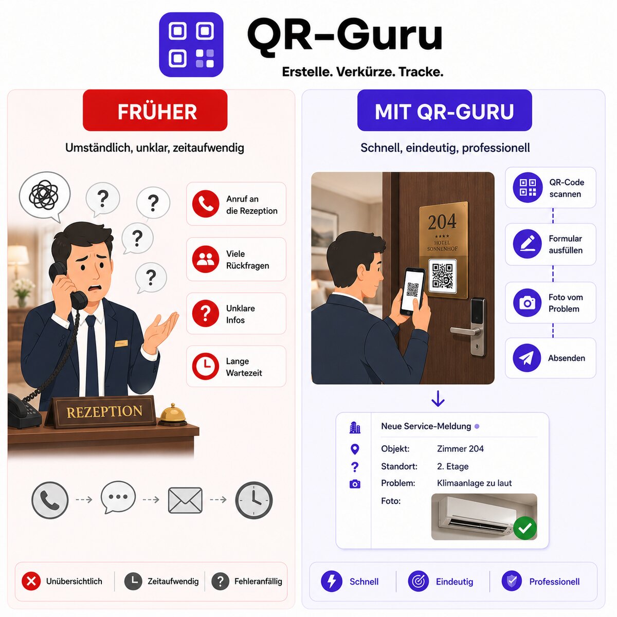 Vergleich fürs Hotel: Anruf an der Rezeption früher gegenüber strukturierter Zimmer-Meldung per QR-Code
