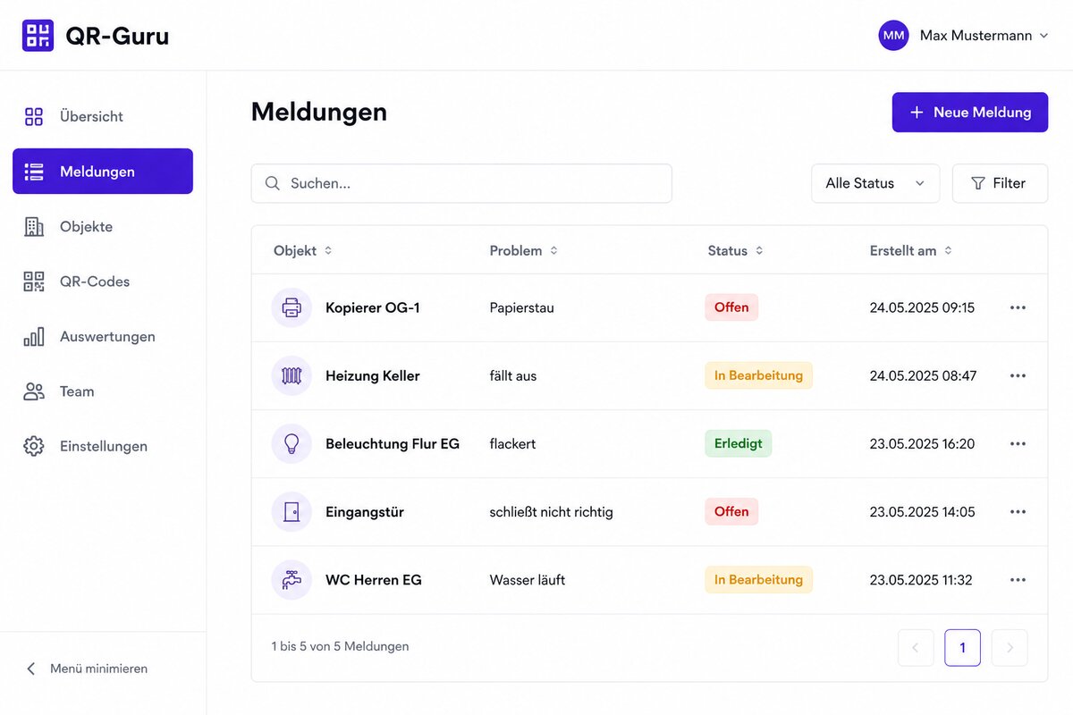 QR-Guru Meldungs-Inbox mit Status offen, in Bearbeitung und erledigt