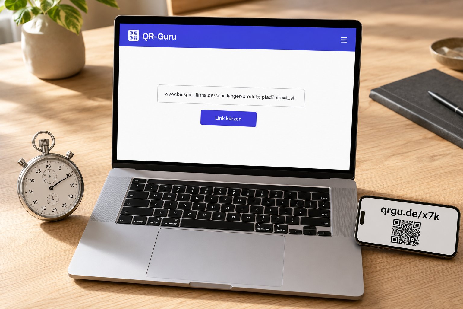 Link kürzen in 10 Sekunden — Laptop mit URL-Eingabe, iPhone mit Kurzlink und QR-Code, Stoppuhr