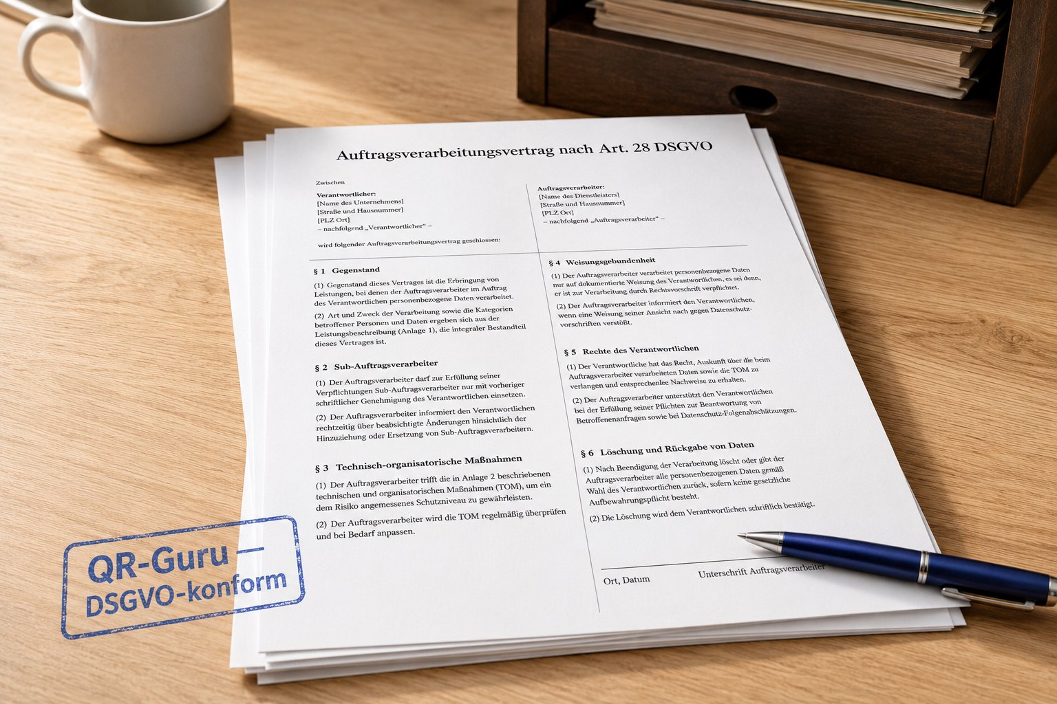 Auftragsverarbeitungsvertrag nach Art. 28 DSGVO, vorbereitetes PDF-Dokument mit QR-Guru-Stempel