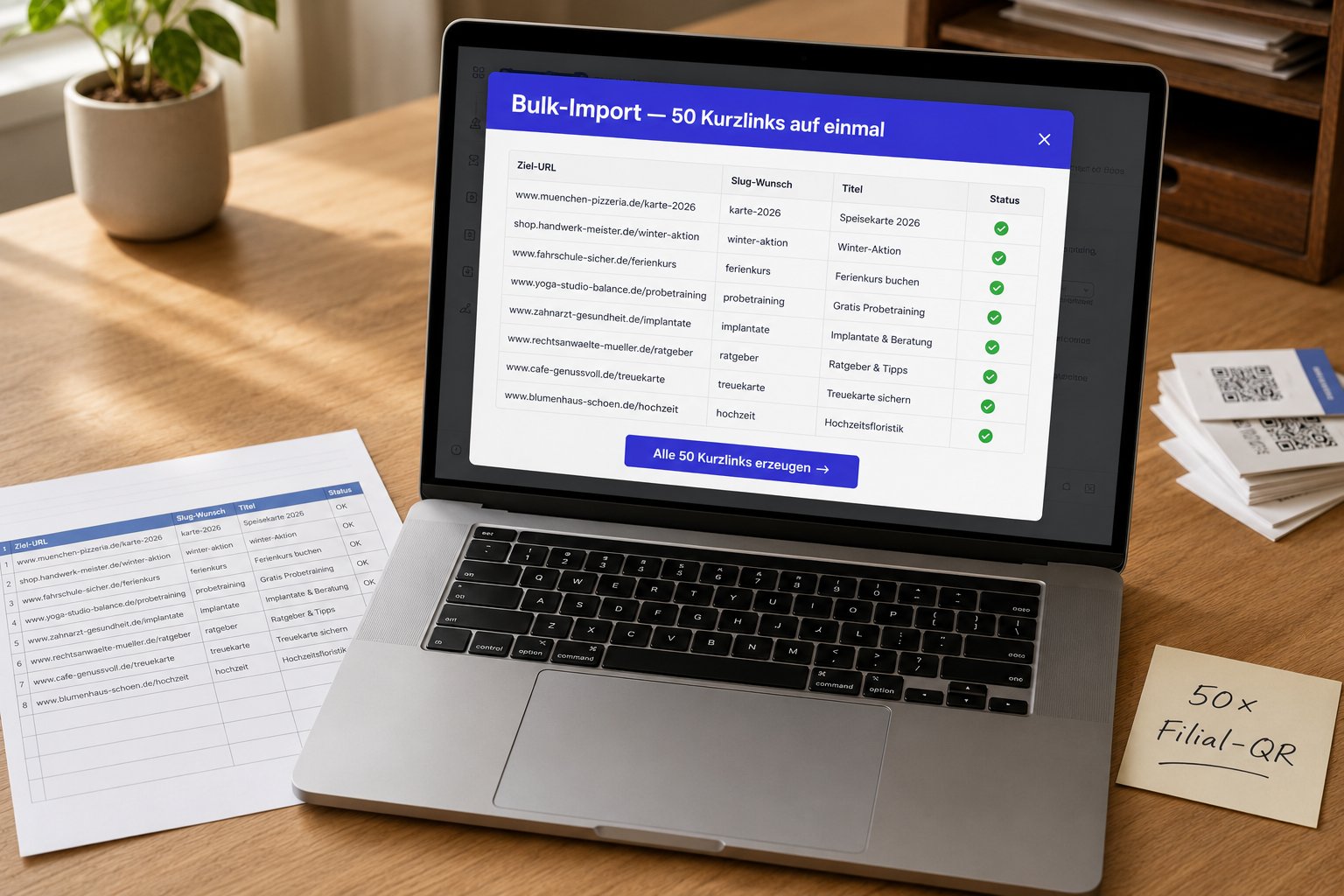 Bulk-Import von 50 Kurzlinks aus CSV-Datei — QR-Guru Bulk-Wizard mit Tabellenvorschau