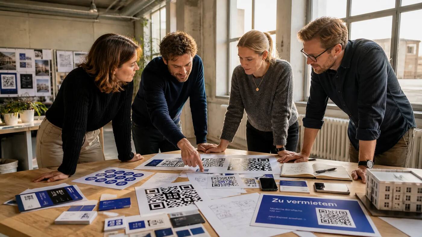 Team im Buero arbeitet mit QR-Guru