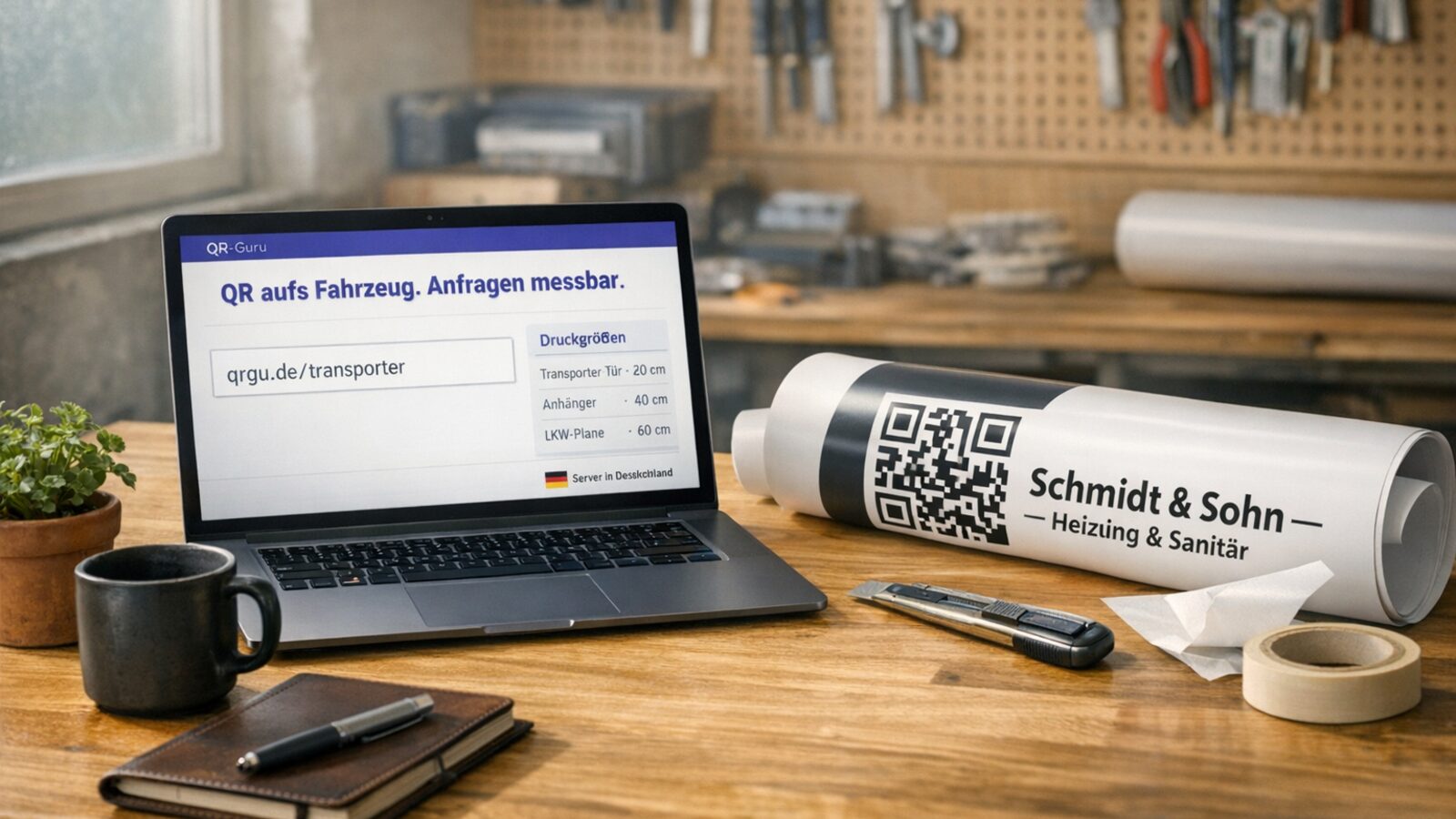 QR-Code auf Fahrzeugwerbung und Baustellenschild: Groessen, Abstaende, Druckmaterial